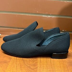 Deltan Stretchy Black Fabric and Leather Slip-On Flat Loafer Size 6